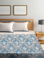 Arrabi Beige & Blue Floral 300 TC Super King Bedsheet With 2 Pillow Covers - Distacart