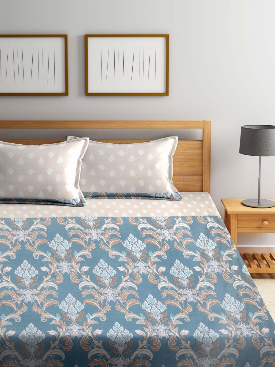 Arrabi Beige & Blue Floral 300 TC Super King Bedsheet With 2 Pillow Covers - Distacart