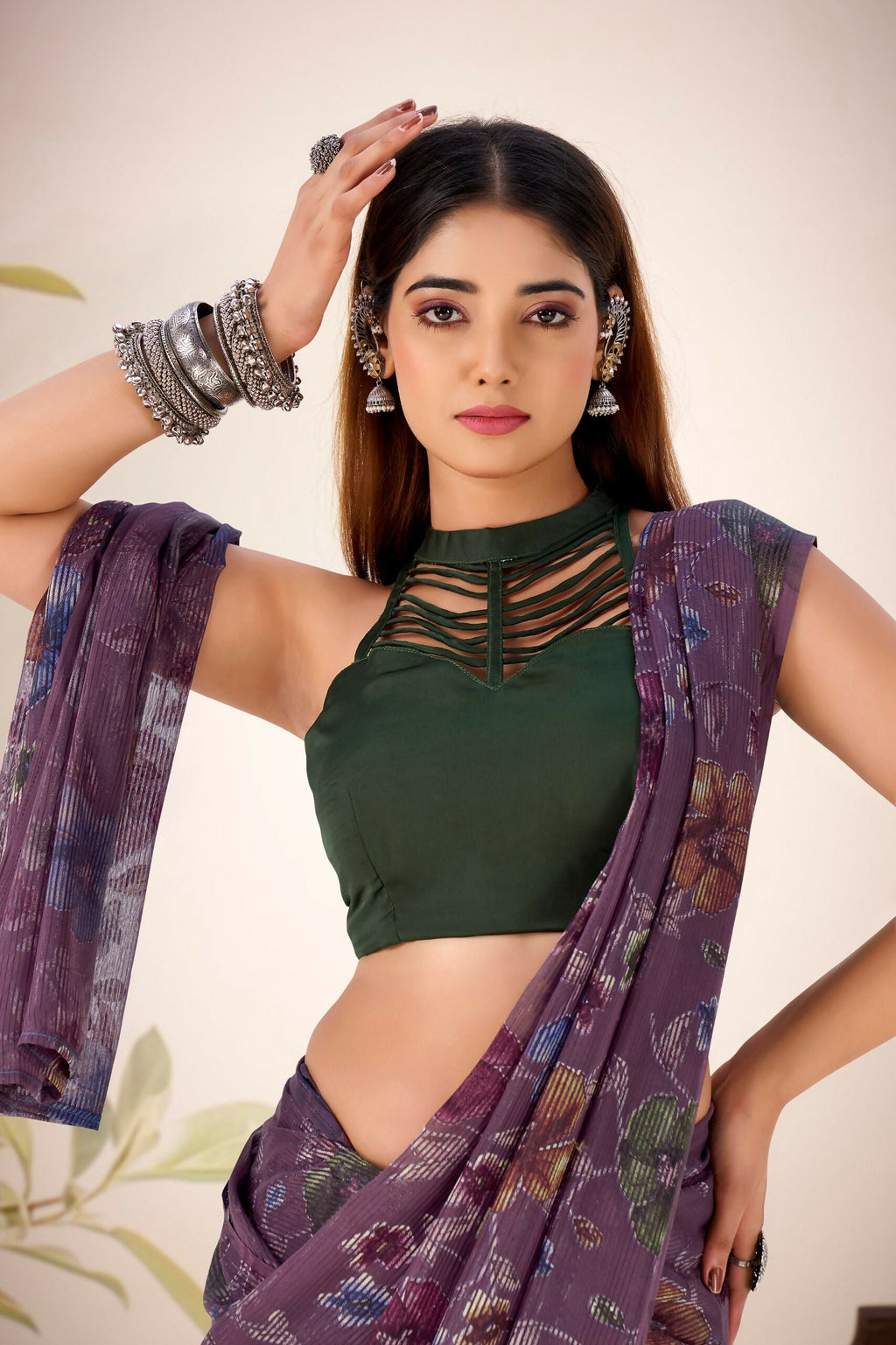 Vastranavya Wine Lurex Brasso Floral Printed Saree with Unstitched Blouse - Distacart