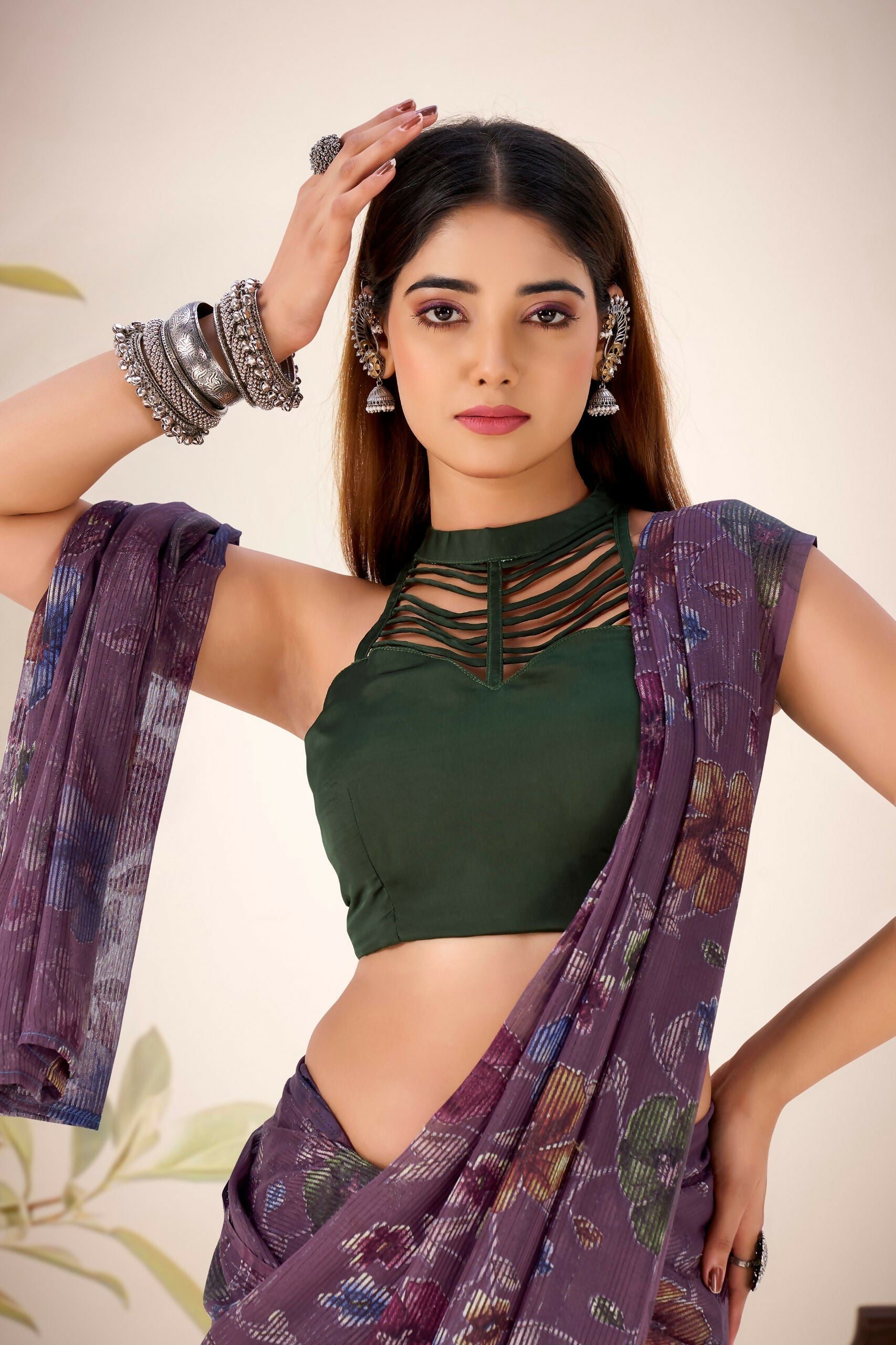 Vastranavya Wine Lurex Brasso Floral Printed Saree with Unstitched Blouse - Distacart