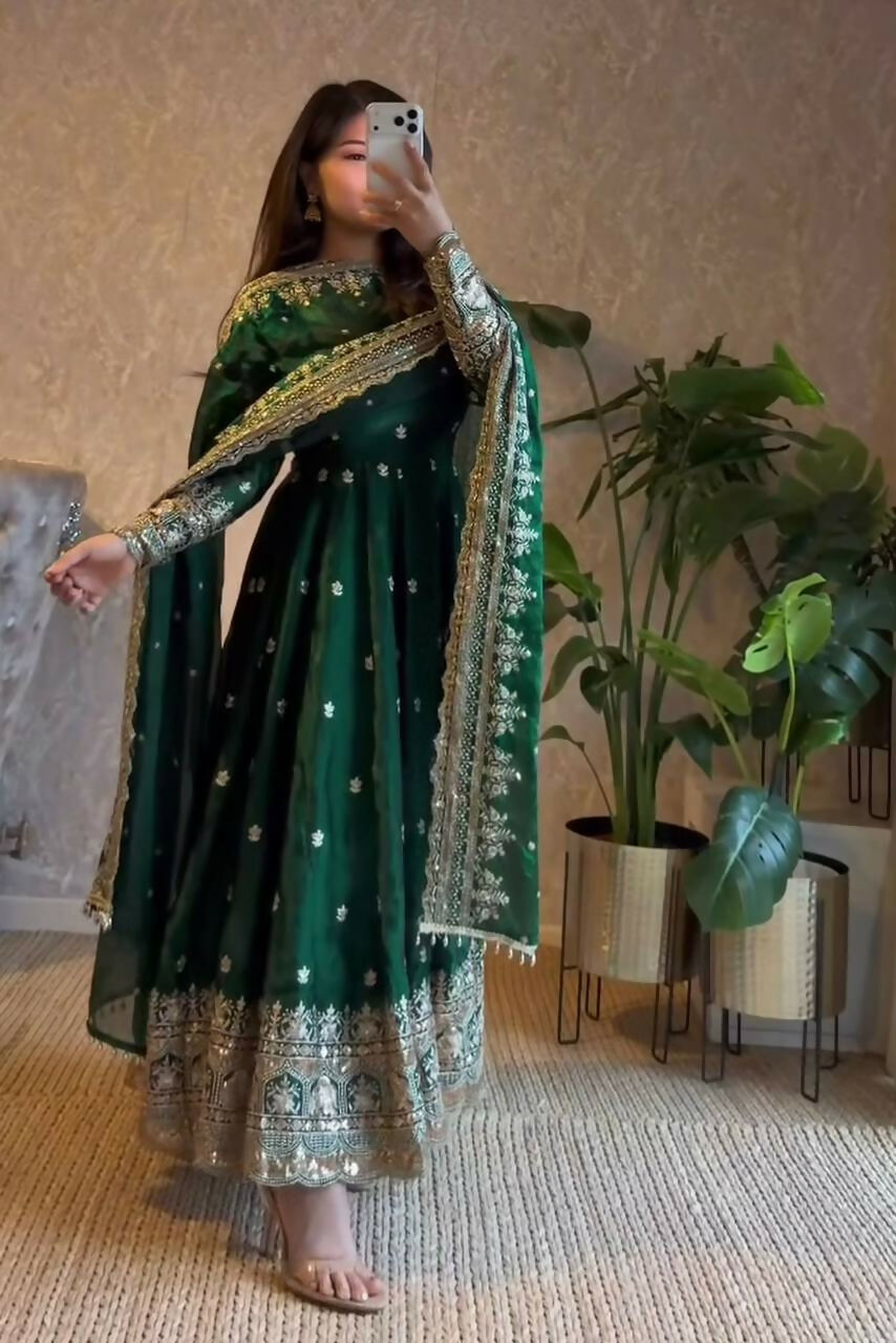 Teeya Creation Green Fendi Silk Designer Heavy Work Wedding Wear Long Gown