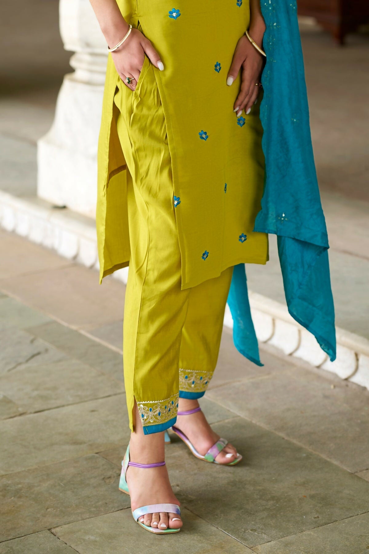 The52 Lemon Beautiful Embroidered Viscose Chanderi Fabric Straight Kurta Pant with Dupatta Set - Distacart