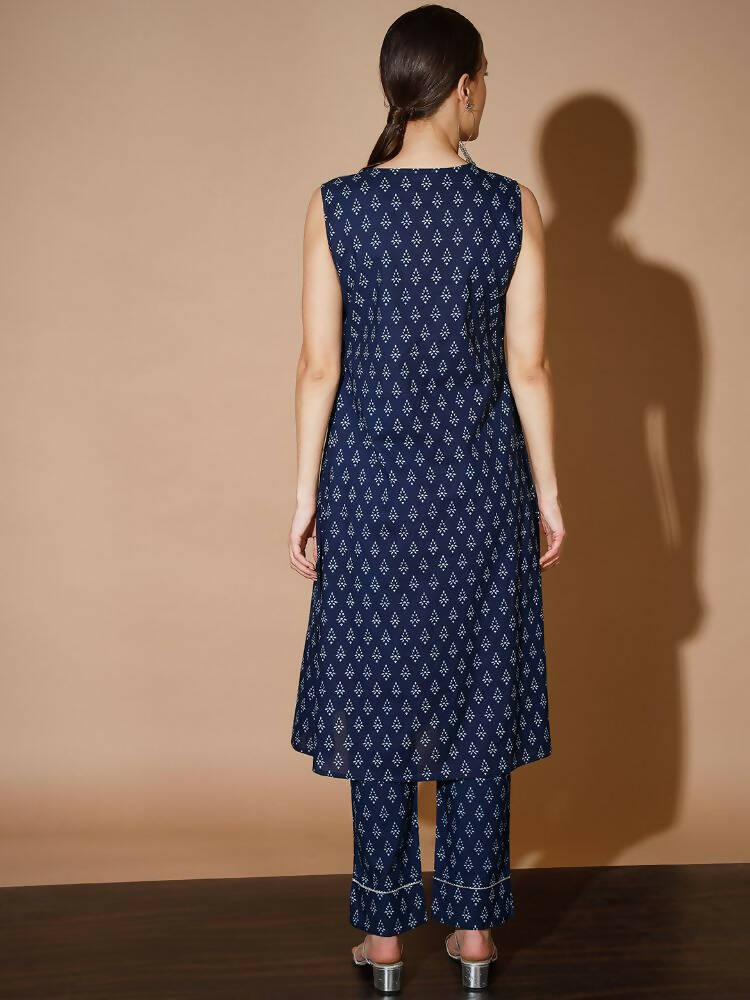 Myshka Women Blue Printed Kurta & Trousers - Distacart