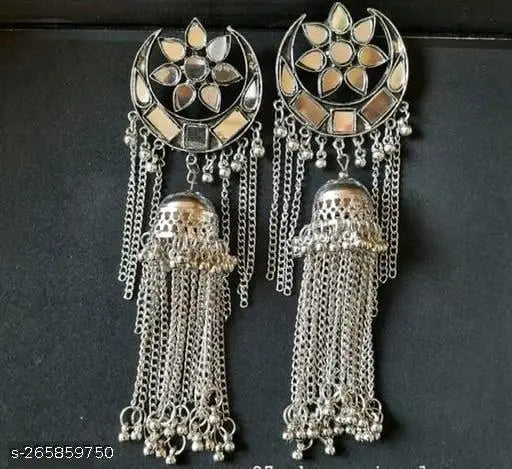Tehzeeb Creations Women's Silver Colour Oxidised Earrings With Mirror And Chain - Distacart