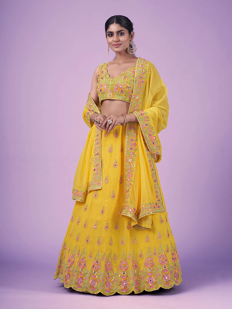 Myra Yellow Georgette Embroidered Designer Lehenga