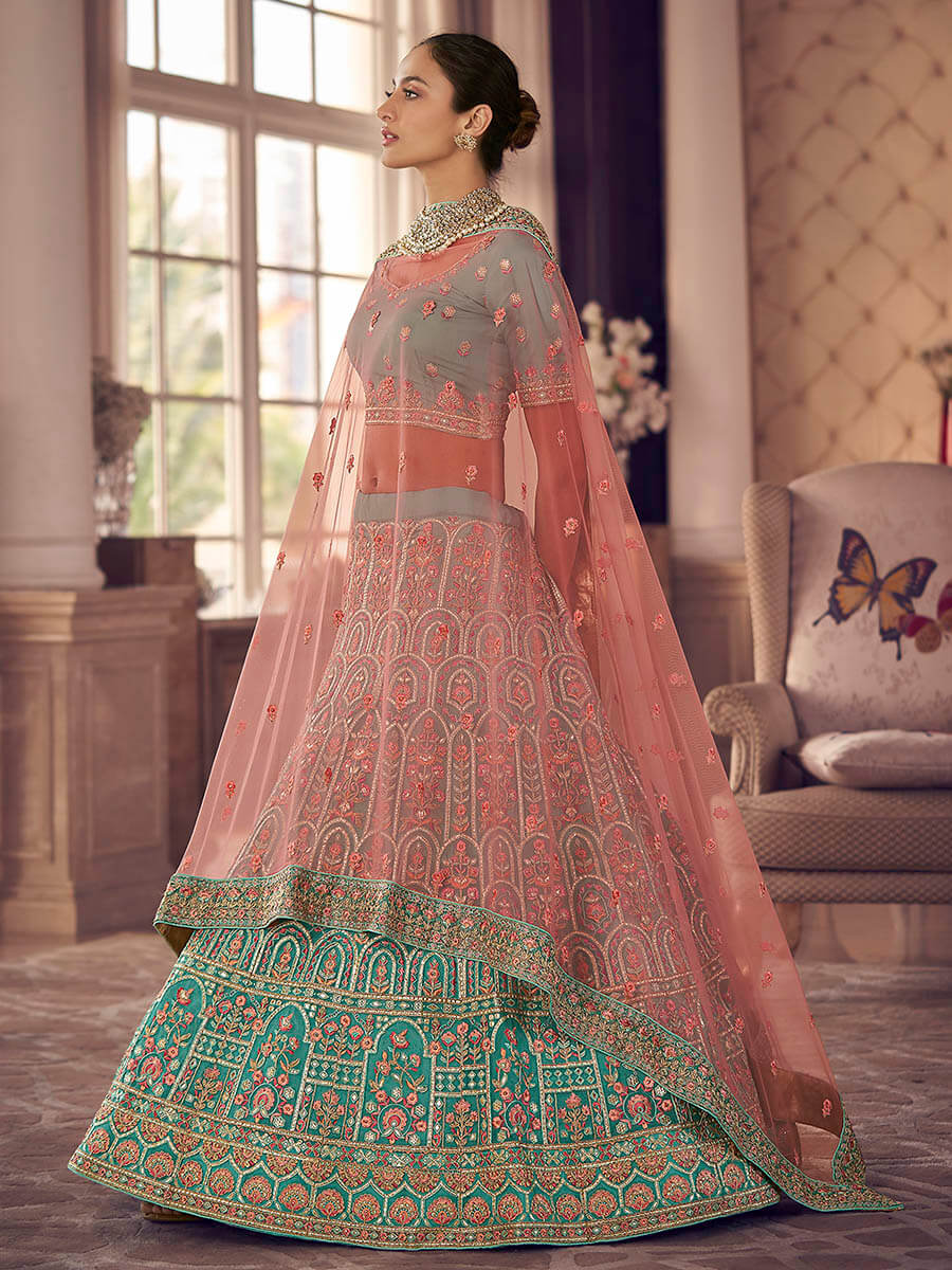 Myra Turquoise Organza Embroidered Designer Lehenga