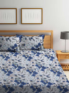 BOMBAY DYEING Blue & White Floral Cotton 144 TC Queen Bedsheet With 2 Pillow Covers