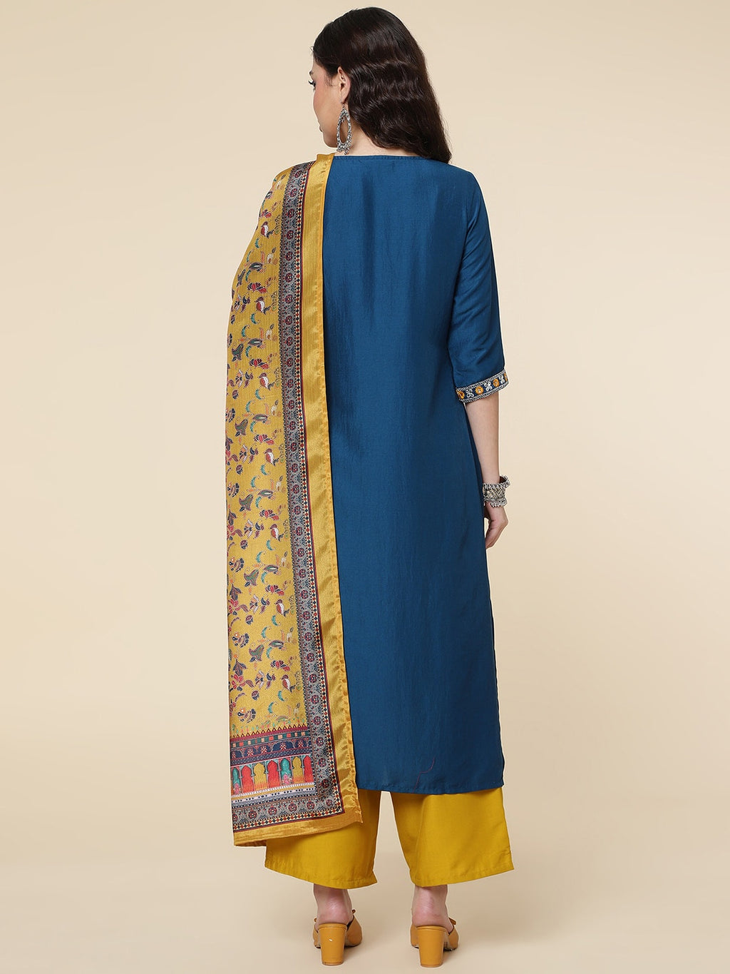 HERE&NOW Ethnic Motifs Embroidered Mirror Work Jute Silk Kurta with Trousers & Dupatta