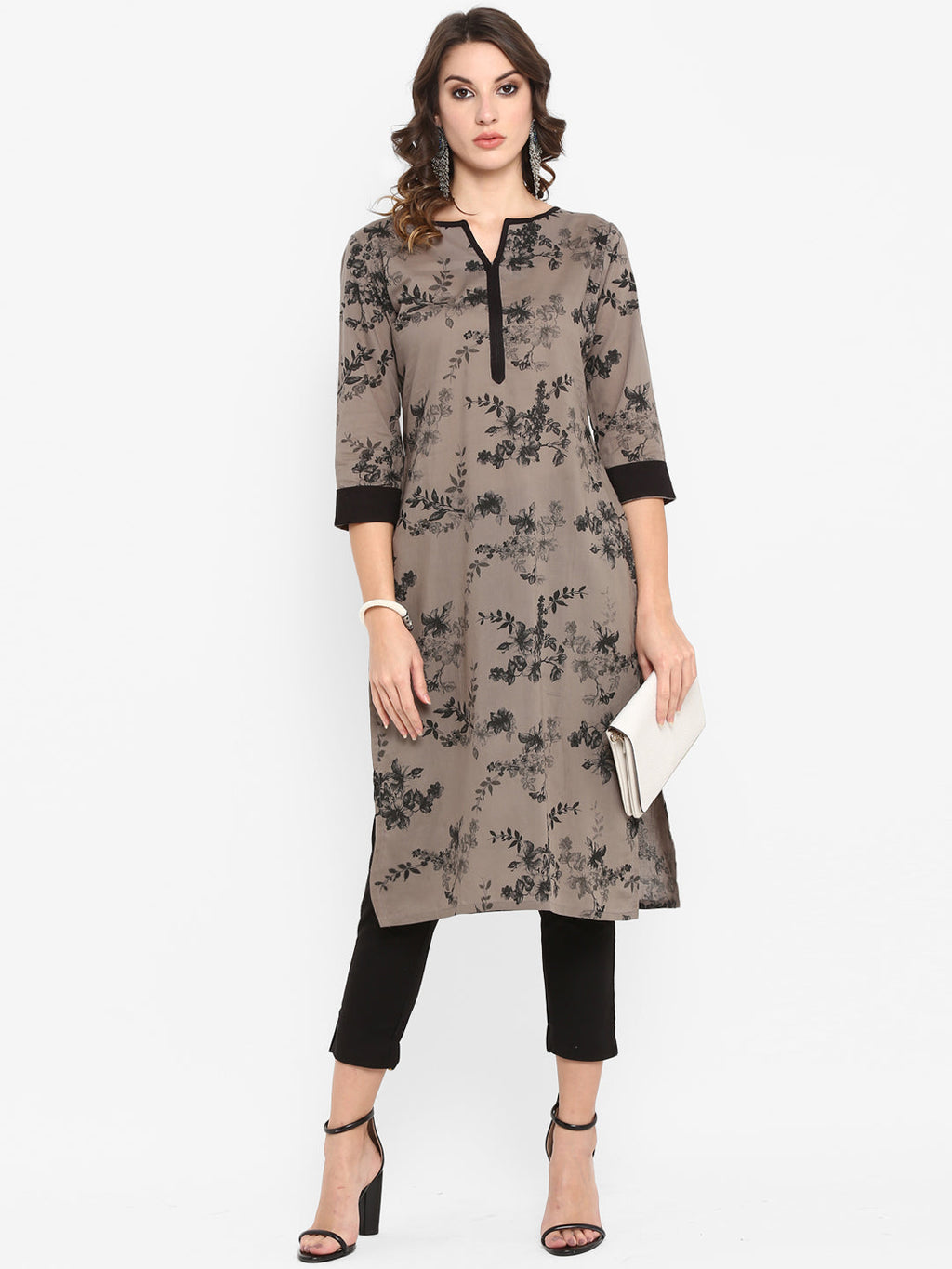 Janasya Taupe & Black Printed Straight Kurta - Distacart