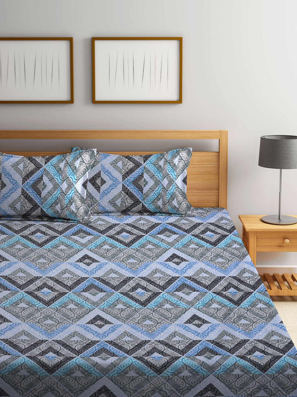 BOMBAY DYEING Epigram Blue & Grey Ethnic Cotton 120 TC Queen Bedsheet With 2 Pillow Covers