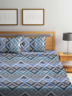 BOMBAY DYEING Epigram Blue & Grey Ethnic Cotton 120 TC Queen Bedsheet With 2 Pillow Covers