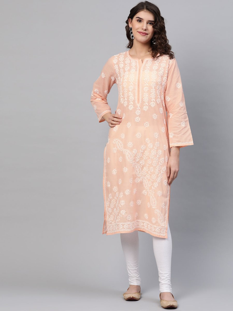 ADA Women Peach-Coloured & White Chikankari Embroidered Cotton Straight Sustainable Kurta