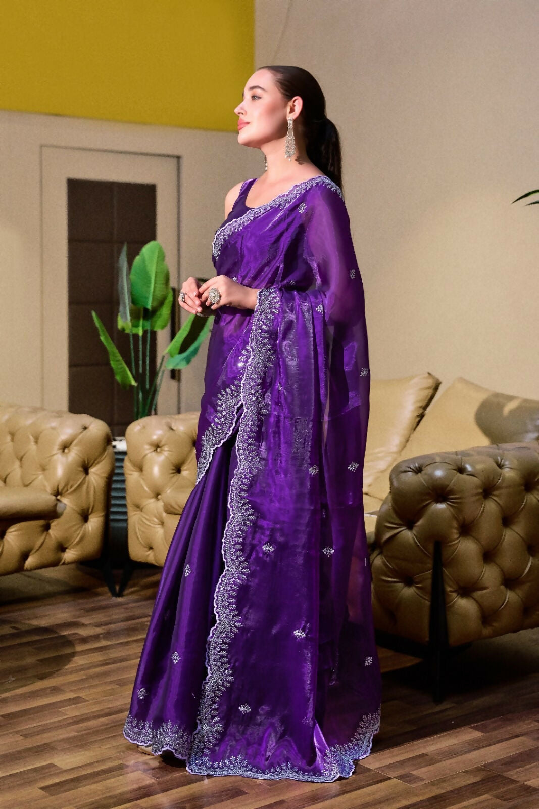 Vastranavya Purple-Blue Embroidery Work Shimmer Chiffon Saree with Unstitched Blouse - Distacart