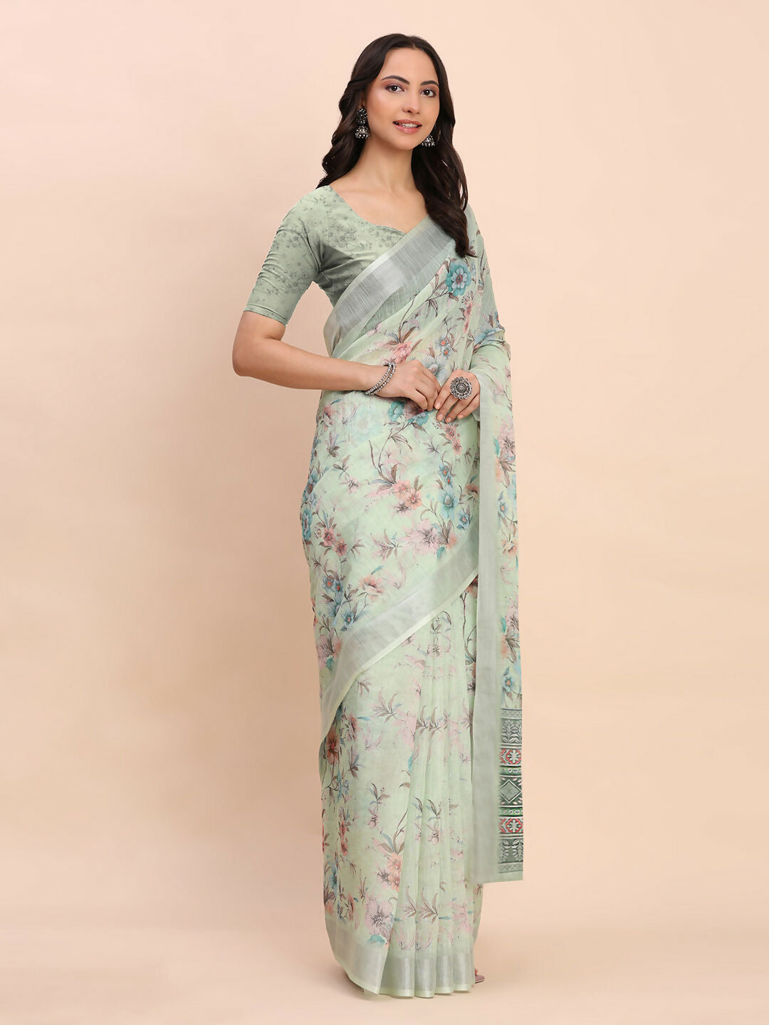 Shree Shyam Fashion Linen Cotton Light Green Saree - Distacart