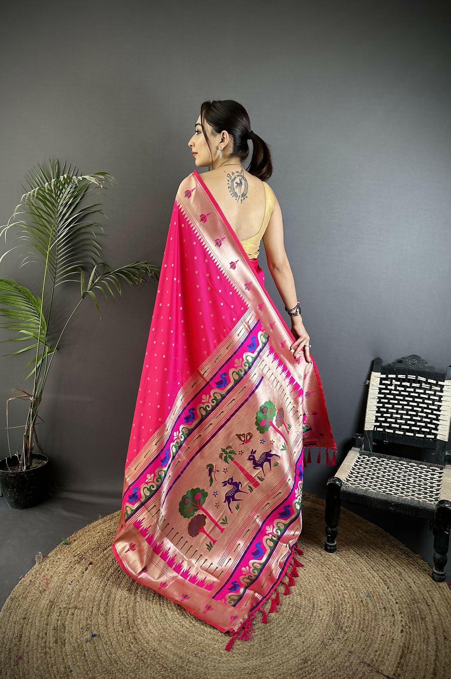 Joban Fashion Rani Pink Peacock & Floral Motifs Soft Lichi Silk Kanchipuram Saree - Distacart