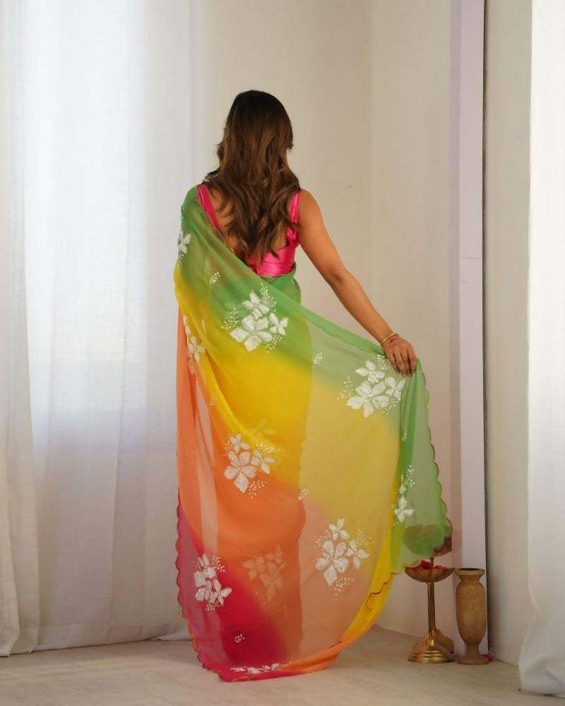 Yellow Georgette Pedding Color, Embroidery Work Party Wear Saree - Erisha