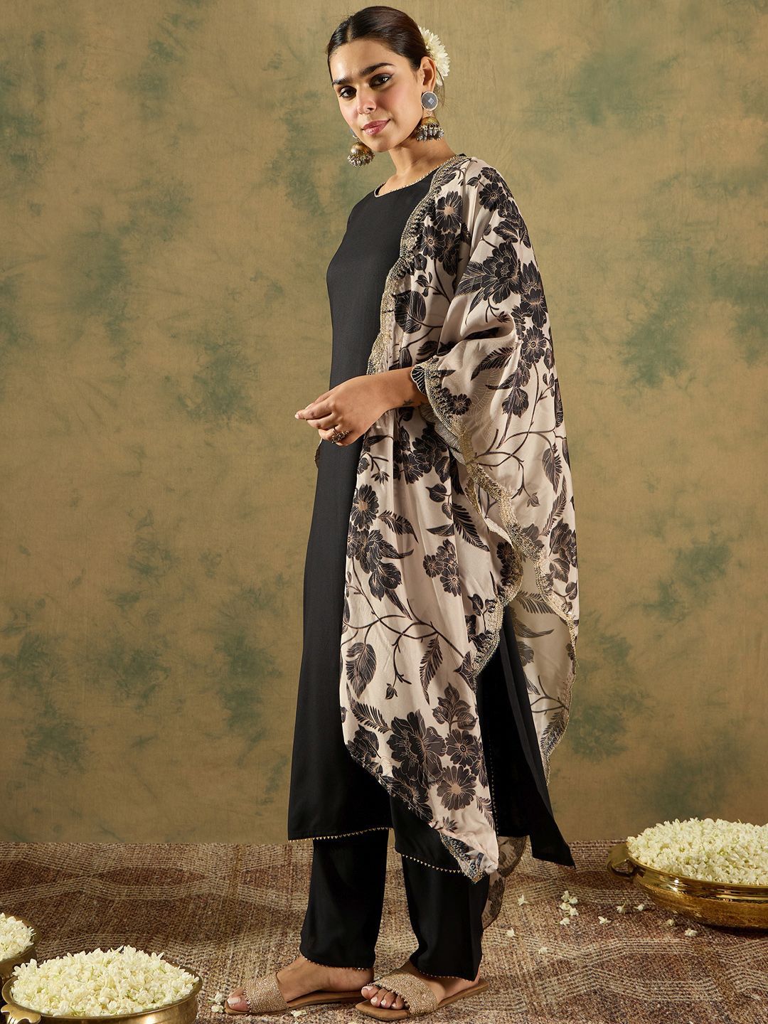 Indo Era Round Neck Straight Kurta With Trousers & Dupatta - Distacart