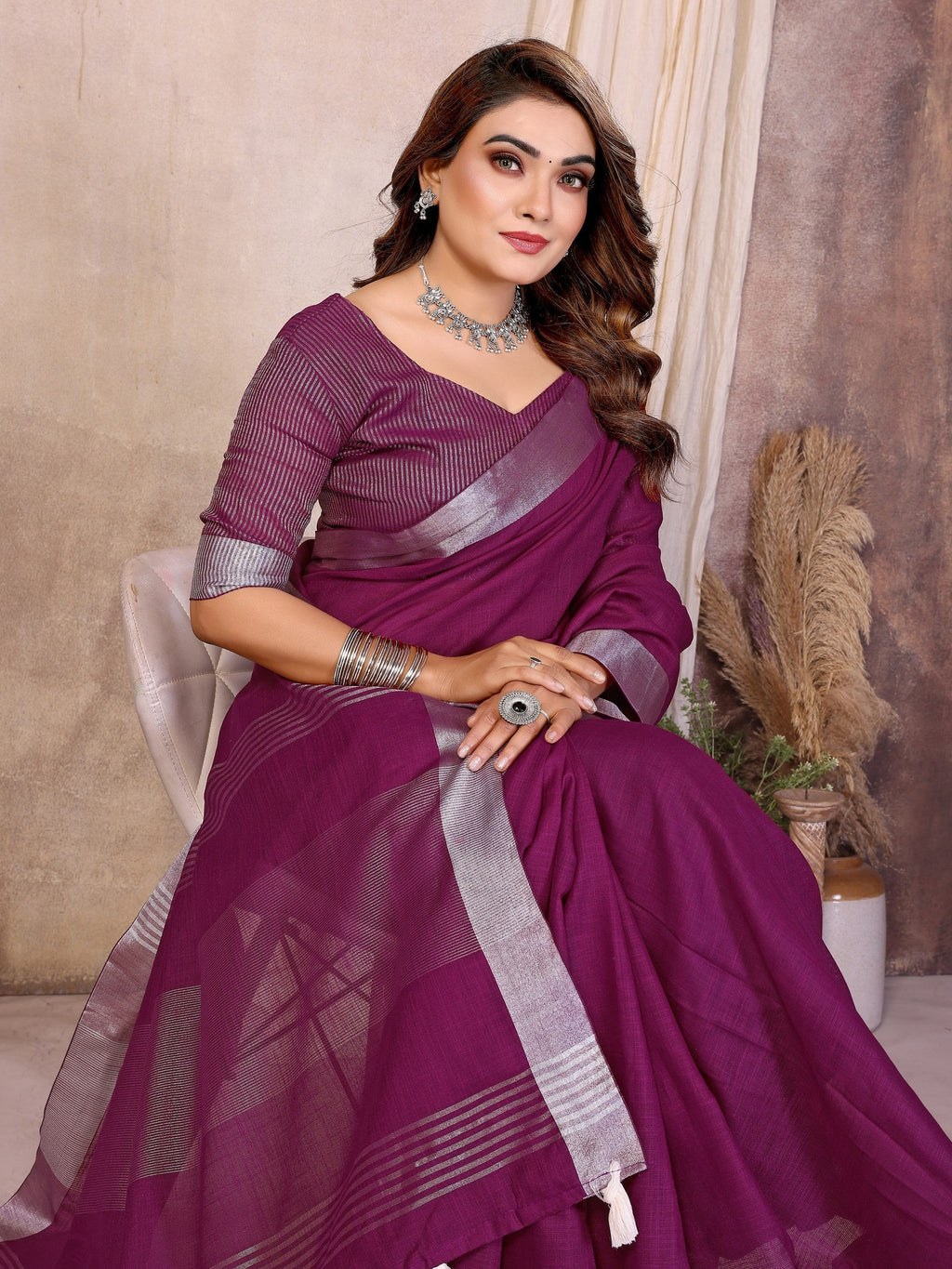 Anaita Purple Weaving Linen Cotton Saree With Blouse - Distacart