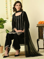 Myshka Women's Black Georgette Kurta & Palazzos With Dupatta Party Sets