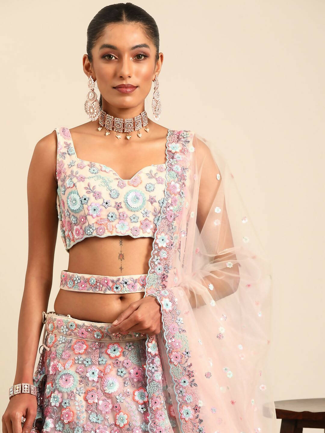 House of Panchhi Cream Net Sequins, Mirror and thread embroidery Lehenga choli & Dupatta