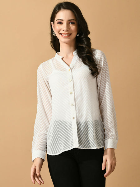 Myshka Women's White Georgette Solid Sheer Shirt