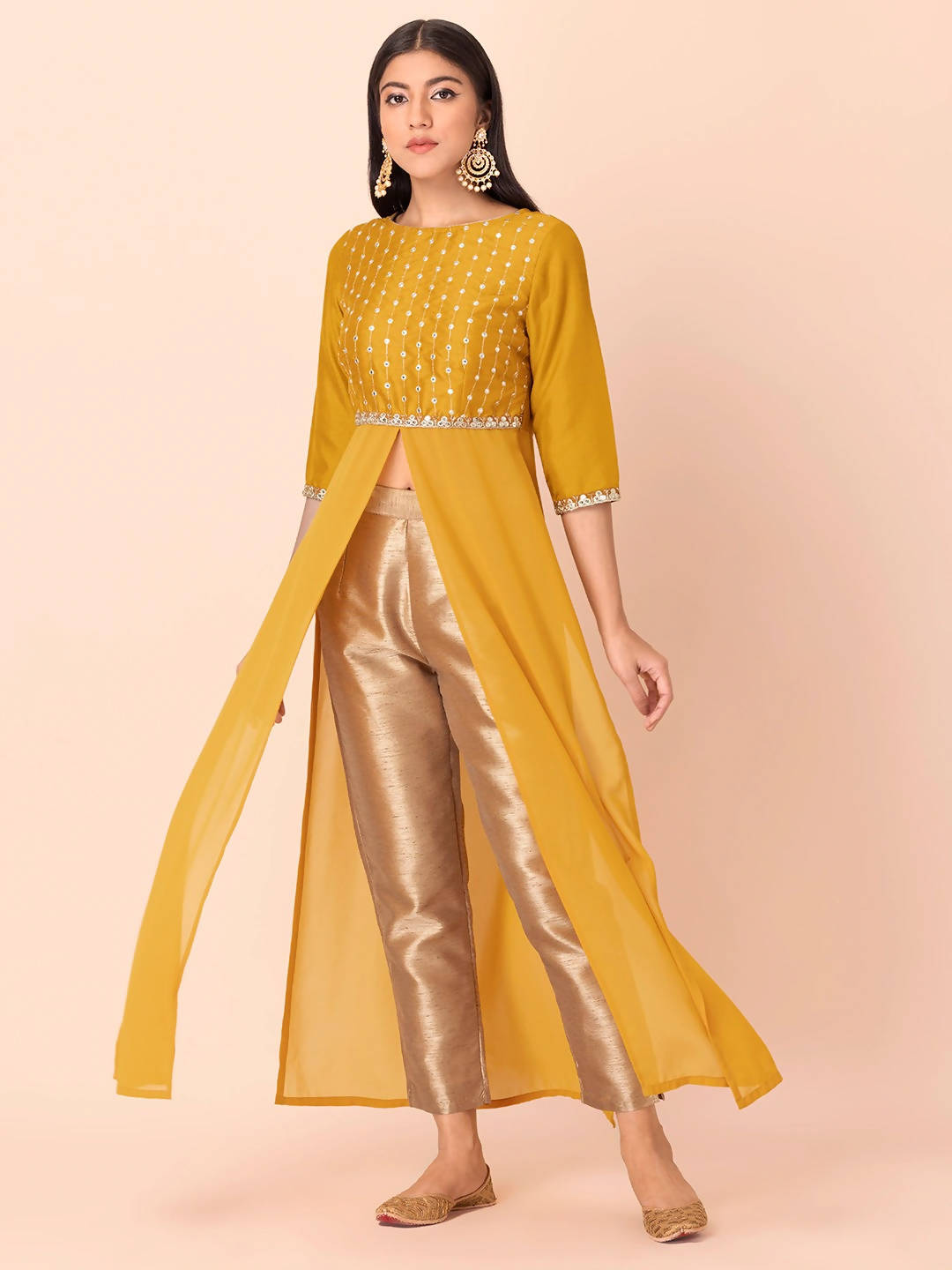 Indya Mustard Yellow Yoke Design Gotta Patti High Slit Kurta - Distacart