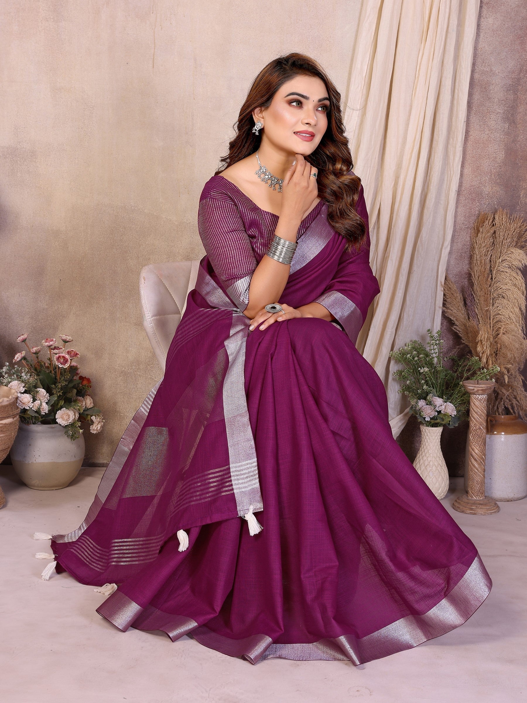 Anaita Purple Weaving Linen Cotton Saree With Blouse - Distacart