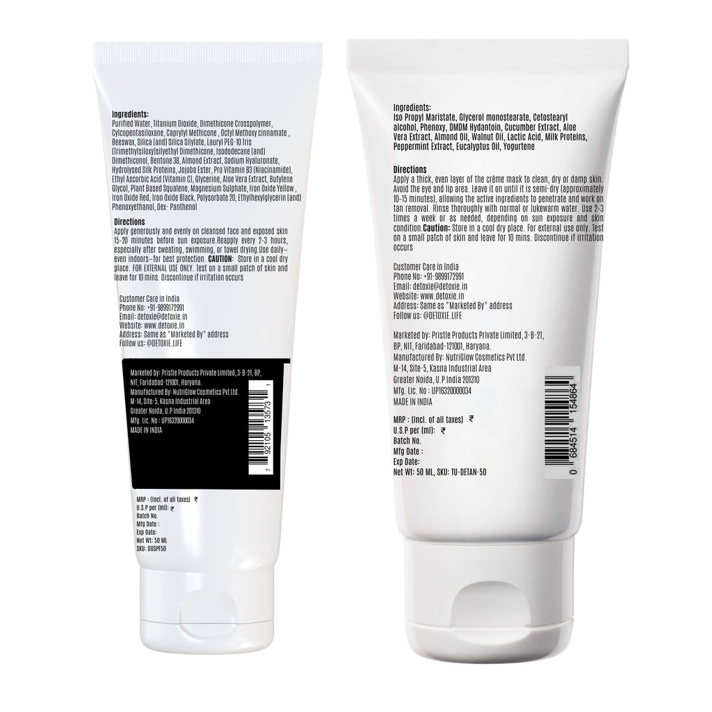 Detoxie Bright Summer Combo - SPF50 Sunscreen Gel & Detan Cream Mask - Distacart