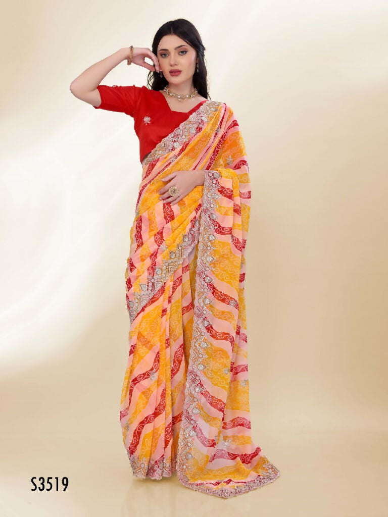 Yellow Georgette Bandhani Printed,Embroidery Work Saree - Bandhan