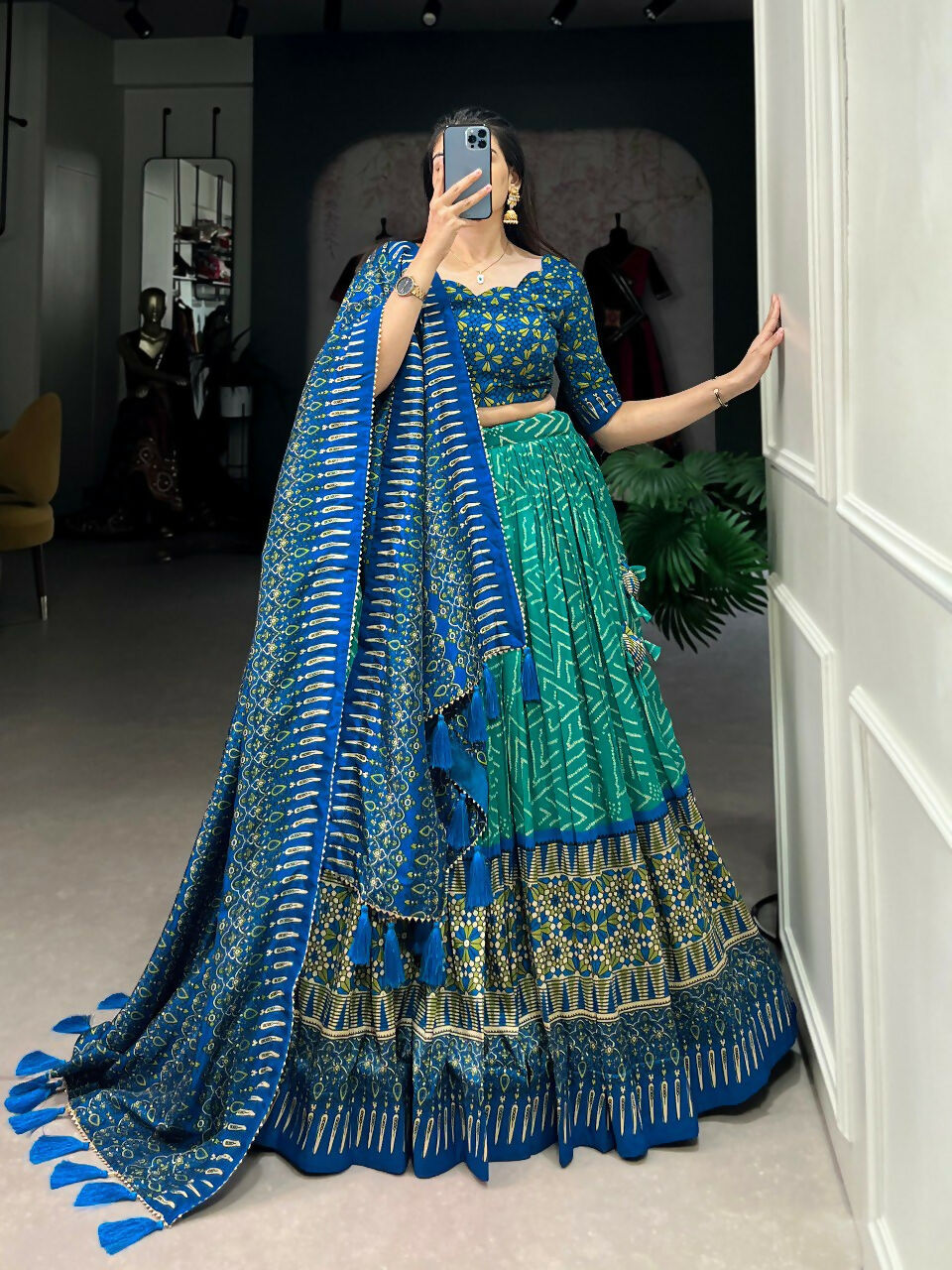 Vastranavya Bandhej And Ajarakh Print Tussar Silk Lehenga Choli - Green
