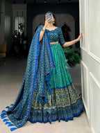 Vastranavya Bandhej And Ajarakh Print Tussar Silk Lehenga Choli - Green