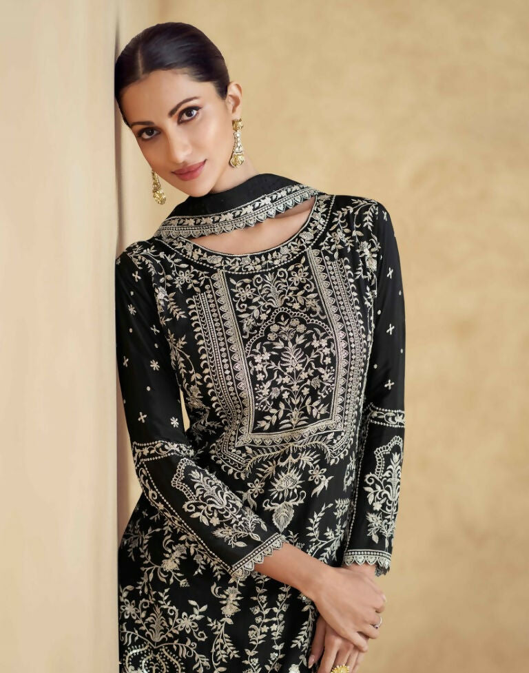 Vastranavya Black Chinon Silk Embroidered Sequins Pakistani Straight Pant Suit