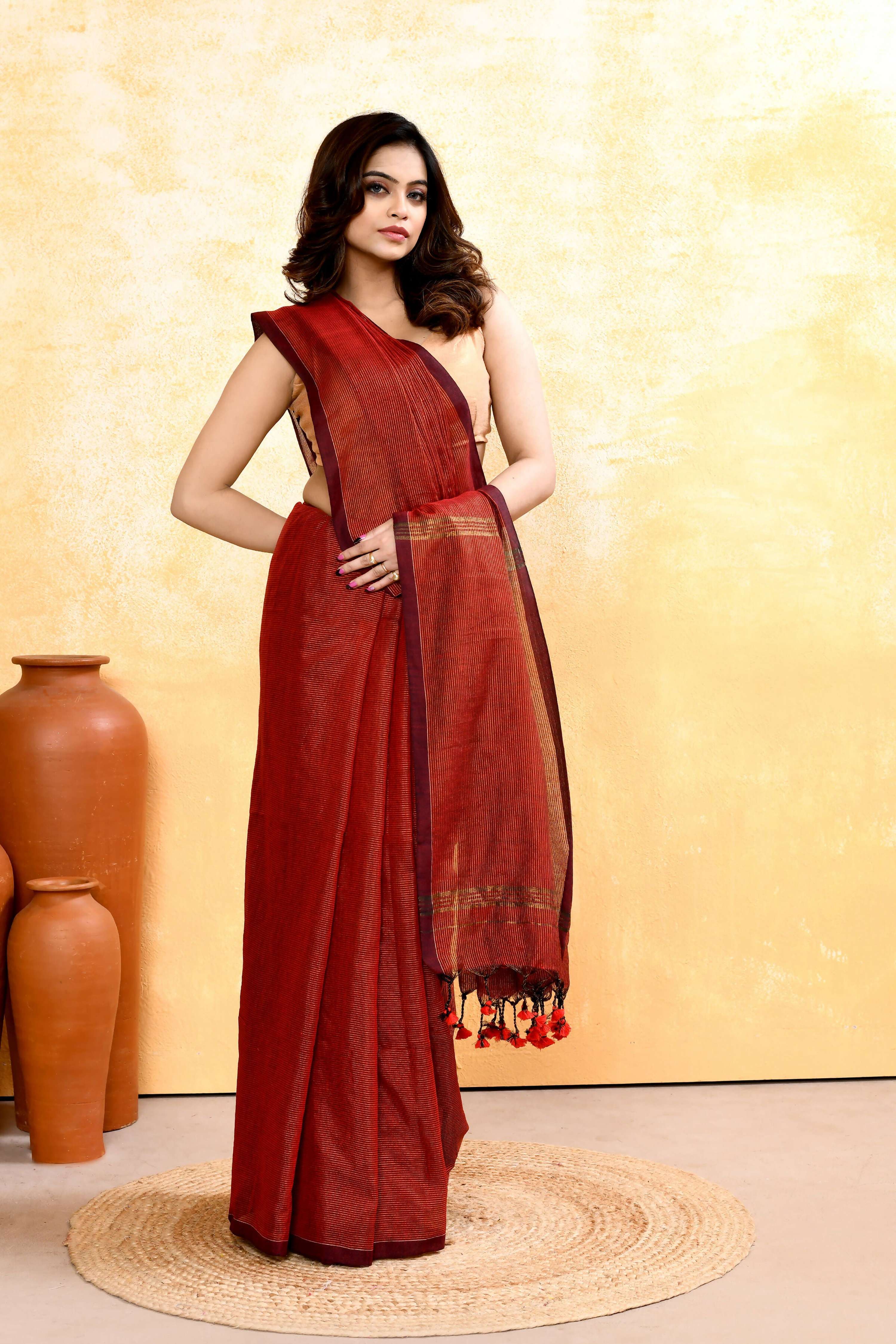 Piyari Fashion Women's Maroon Embellished Cotton Blend Zari Check Handloom Saree - Distacart