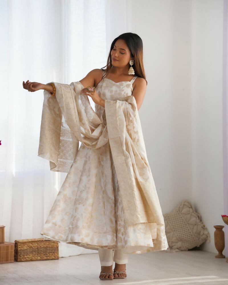 Lehenga Mart Designer Anarkali Suit With Kurta, Pant, Dupatta For Women-Off White - Distacart