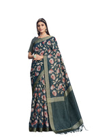 Teal Tusser Silk Floral Printed With Sequence Embroidered Saree With Unstitched Blouse - Mohmanthan Aahana