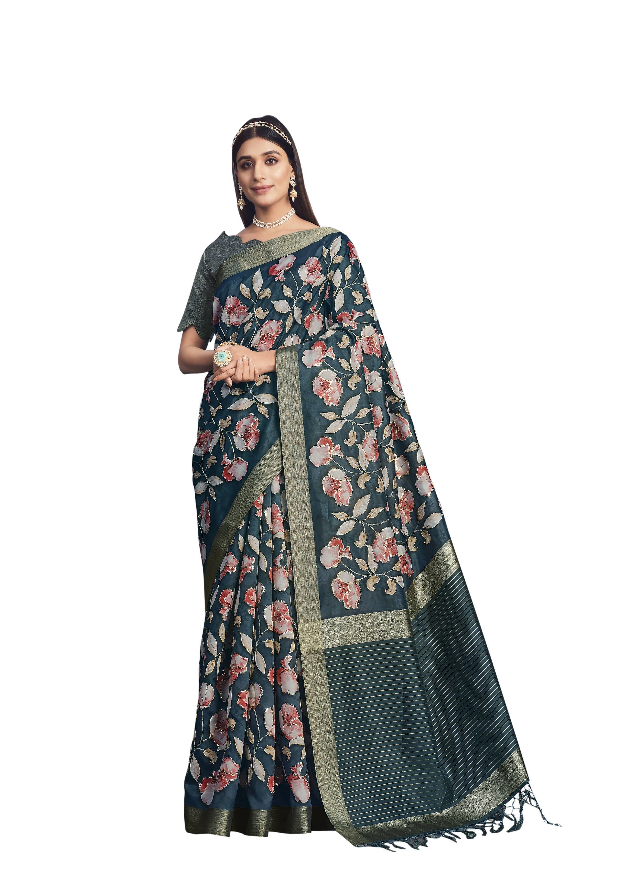 Teal Tusser Silk Floral Printed With Sequence Embroidered Saree With Unstitched Blouse - Mohmanthan Aahana