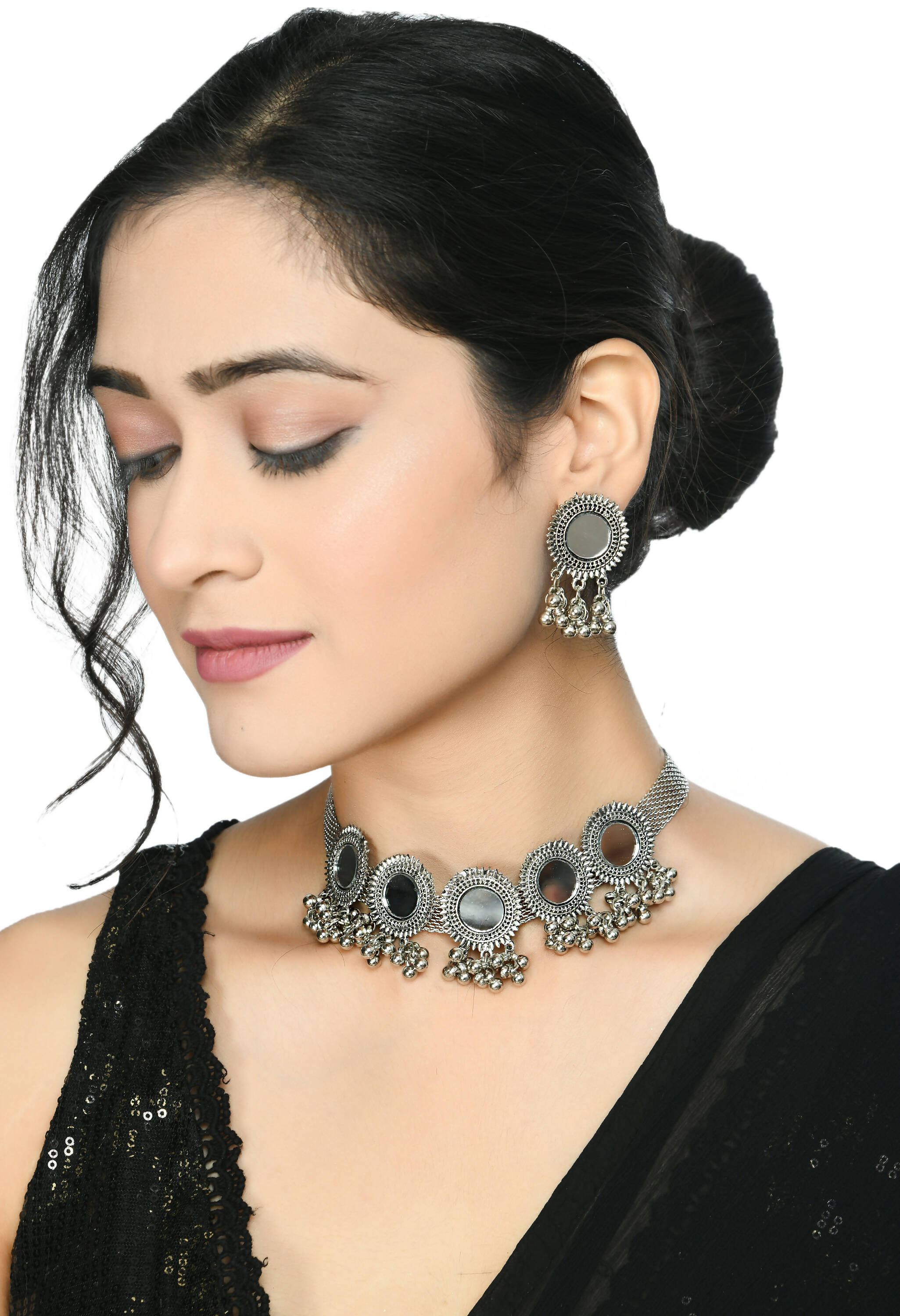 Mominos Fashion Johar Kamal Silver-Plated Brass Finish Mirror Work Women Choker - Distacart