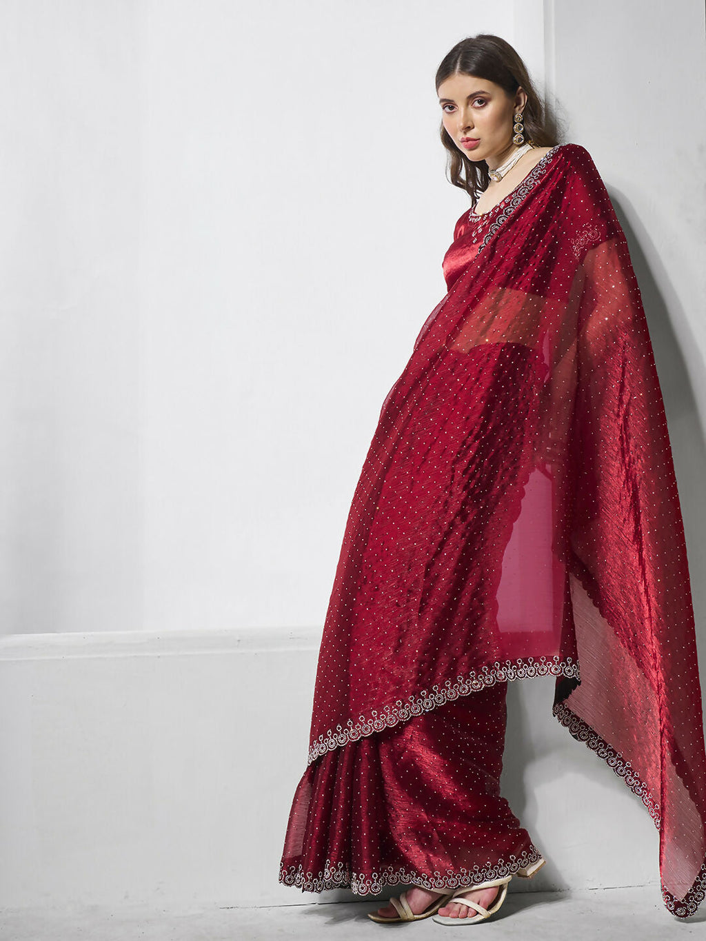 Maroon Burburry silk Swarovski Designer Work Saree - Shezlin