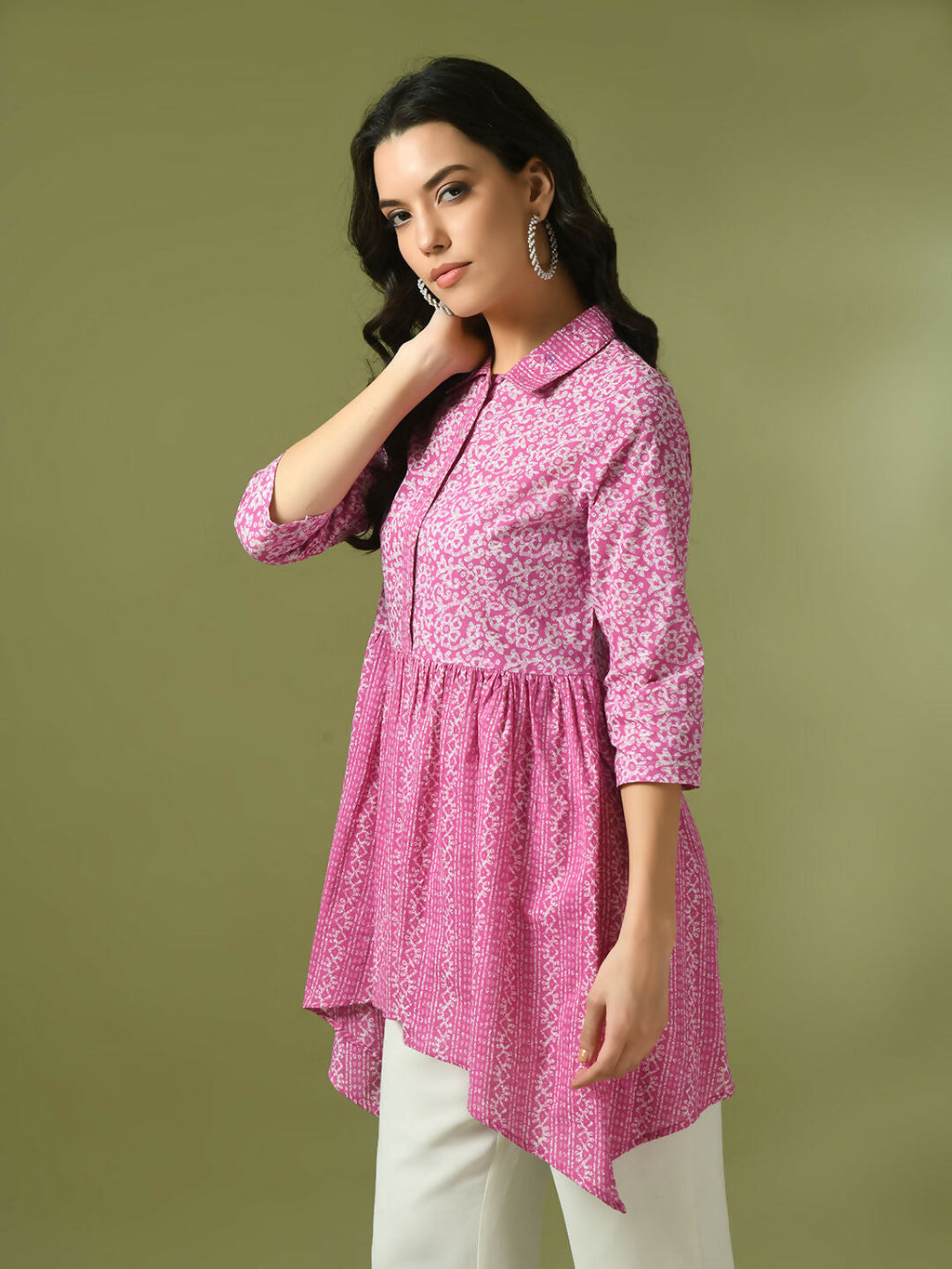 Myshka Women's Pink Embellished Cotton Gathered Party Empire Top