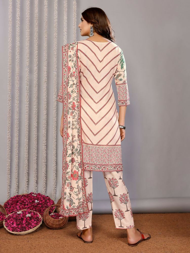 Joban Fashion Women Cream Linen Printed Stitched Kurta Set - Distacart