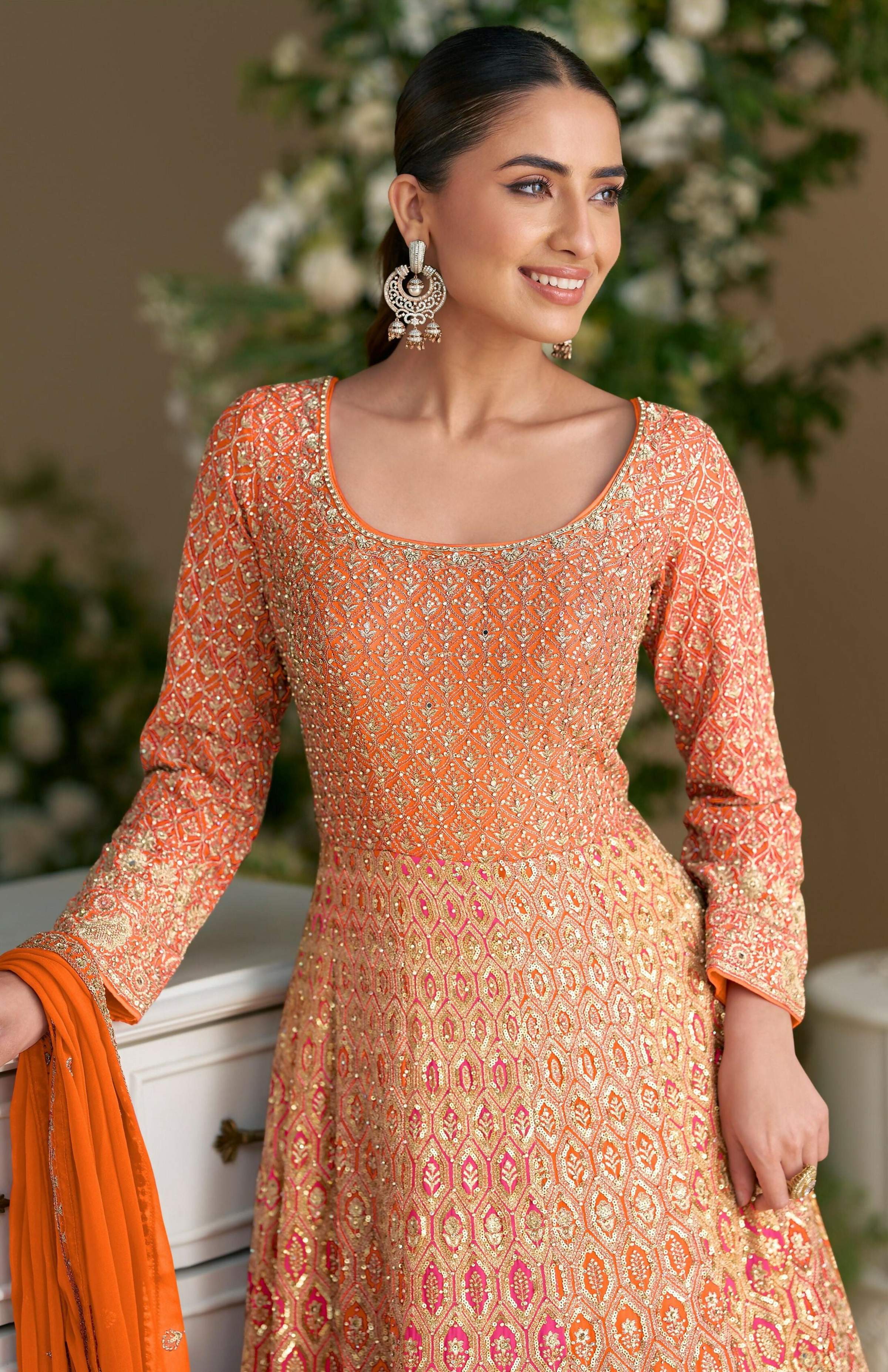 Anaita Orange Georgette Readymade Anarkali Suit with Embroidery Zarkan Work - Distacart