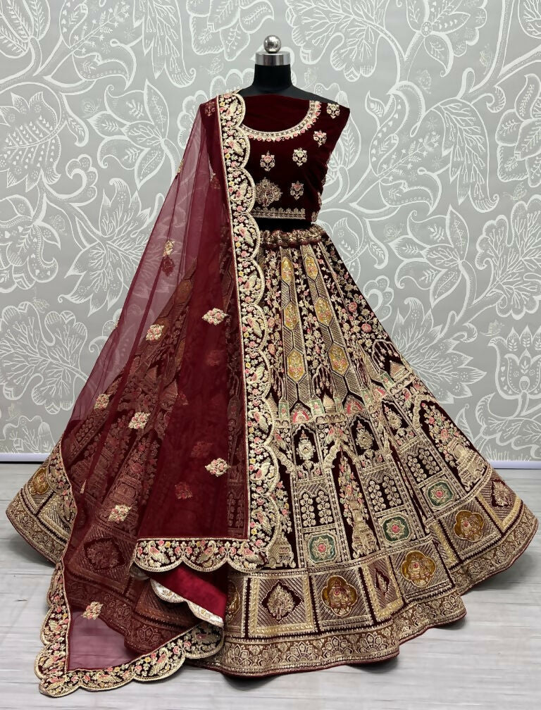 Jyoti Fashion Women's Maroon Velvet Dori, Multi Thread Embroidered with Diamond Work Wedding Lehenga Choli