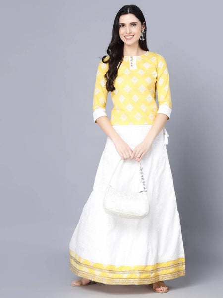Myshka Yellow White Printed Ready to Wear Lehenga