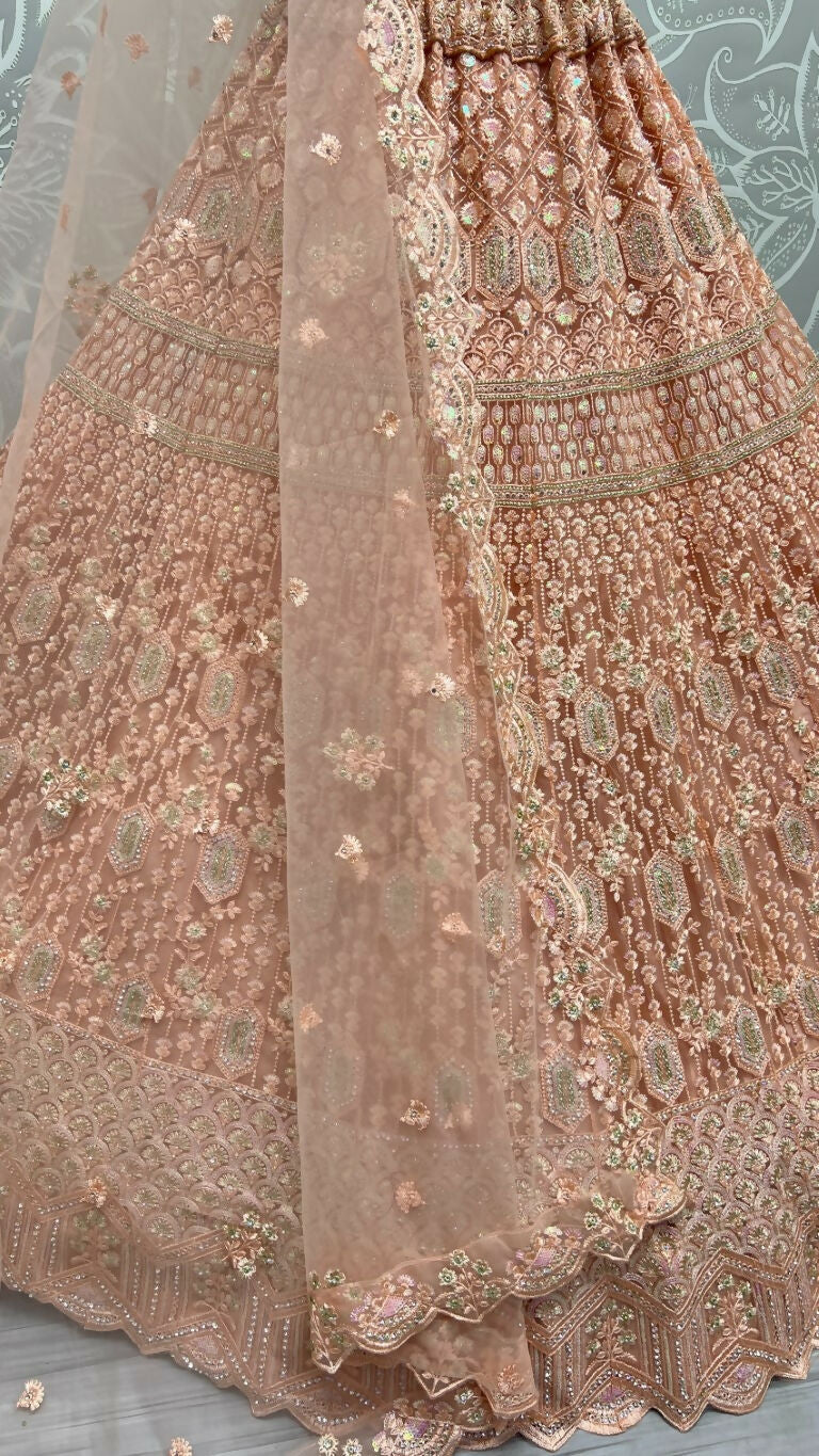 Jyoti Fashion Women's Peach Heavy Net Fancy Dori, Multi Thread, Rainbow Sequins and Diamond Work Wedding Lehenga Choli