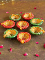 Tied Ribbons Set of 8 Maroon & Green Terracotta Diyas