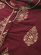 Women Maroon & Golden Pure Cotton Printed Kurta with Palazzos - Vishwa