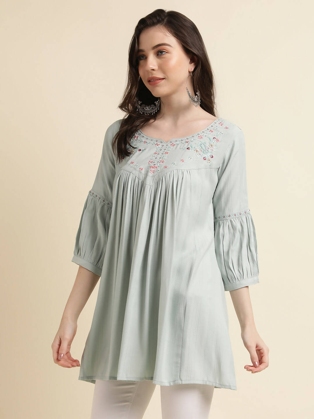 Light Blue Poly Cotton Yoke Embroidered A-line Top - Tarini
