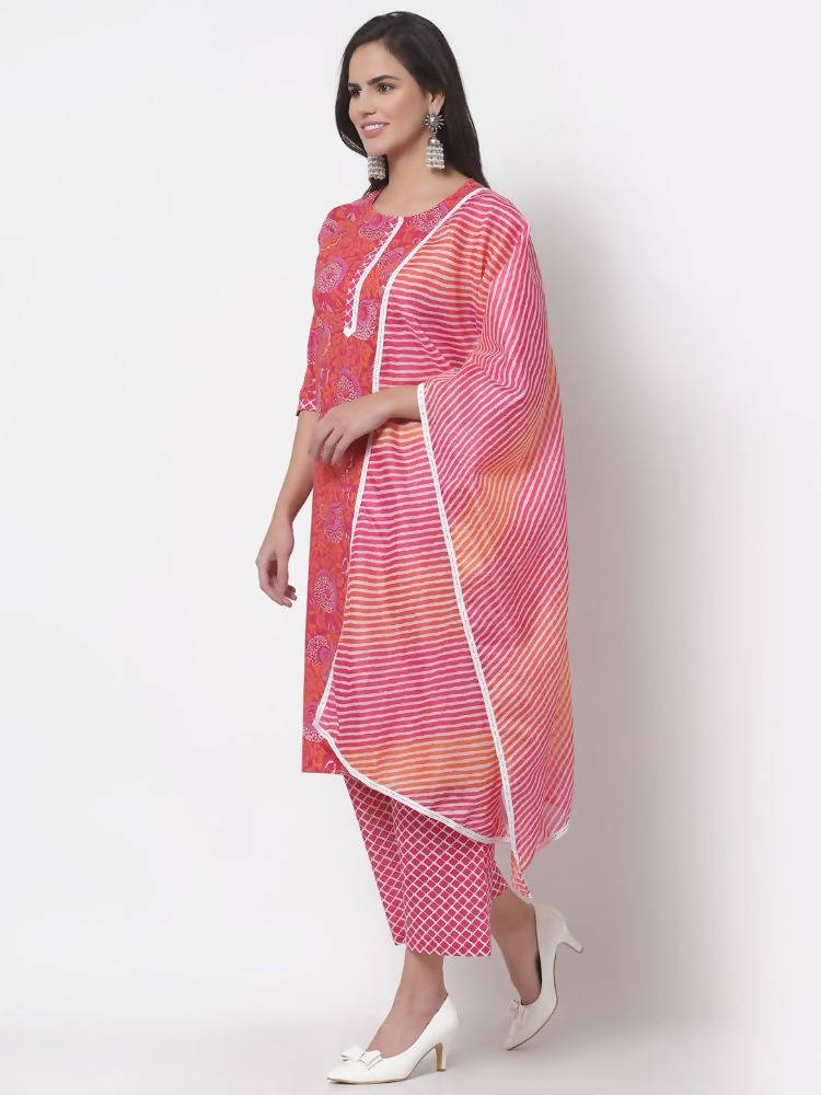 Myshka Women's Cotton Printed 3/4 Sleeve Round Neck Casual Pink Kurta Pant Dupatta Set