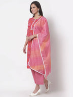 Myshka Women's Cotton Printed 3/4 Sleeve Round Neck Casual Pink Kurta Pant Dupatta Set