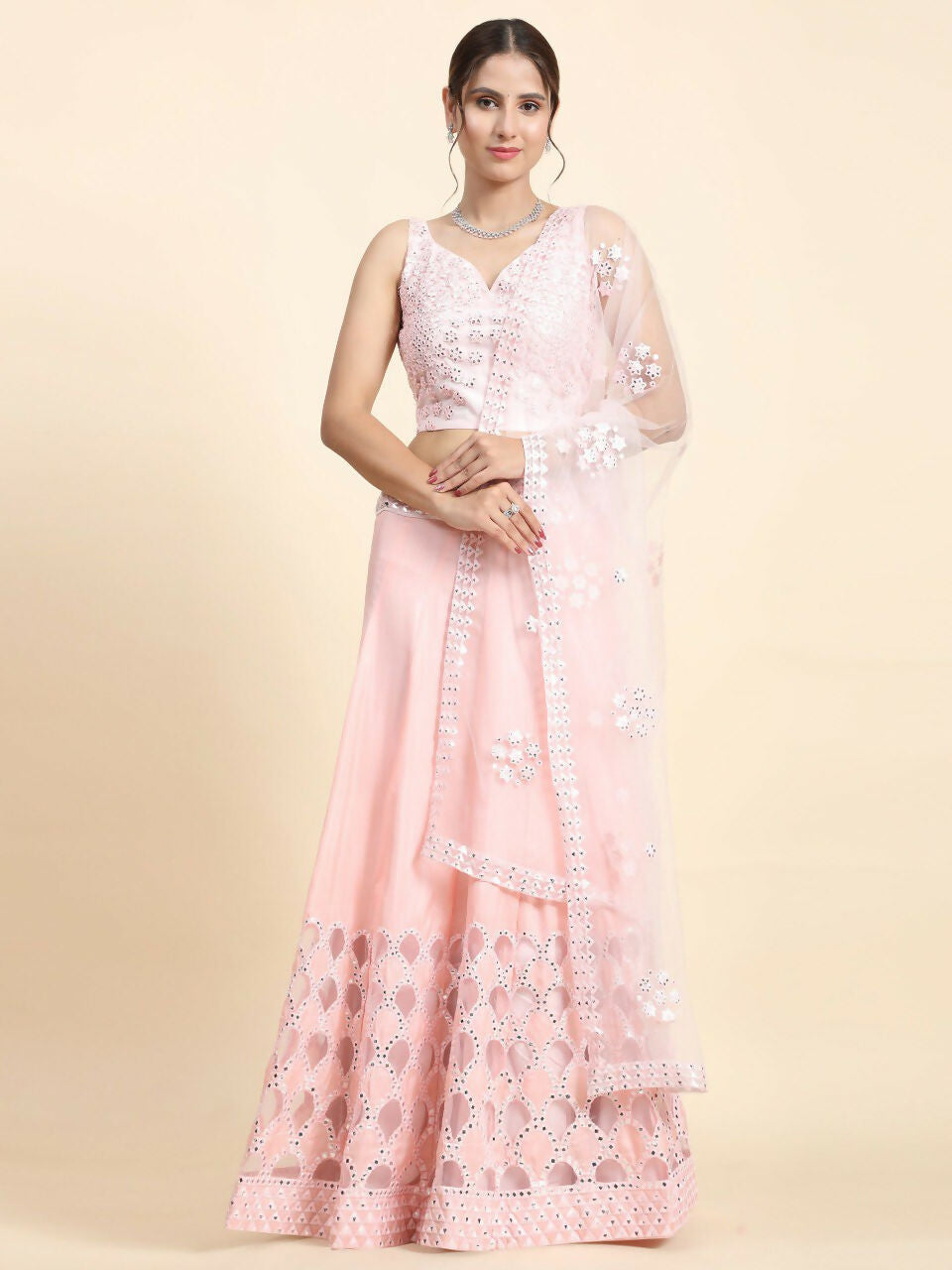Jyoti Fashion Dreamy Baby Pink Silk Thread with Paper Mirror & Cut work Lehenga Choli with Dupatta